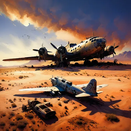 An airplanes' graveyard in the desert, a Boeing B17 WW2 bomber wrecked, Nevada Desert at dusk, spooky atmosphere, a slight sandstorm.,boeing b-17 flying fortress,plane wreck,lockheed hudson,boeing b-5