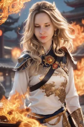 joan of arc,fire background,fire angel,firelord,margairaz,elona,Digital Art,Comic