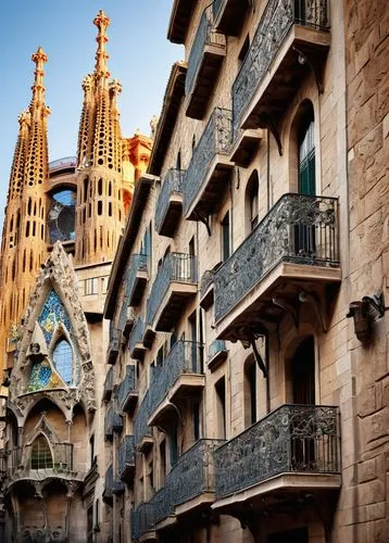 Barcelona, Spain, Gothic Quarter, ancient buildings, narrow streets, ornate facades, balconies with ironwork, ceramic tiles, mosaic patterns, Sagrada Familia, Antoni Gaudí, intricate stone carvings, g