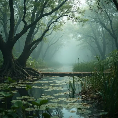 swamps,foggy forest,wetland,swamp,forest lake,swampy landscape,foggy landscape,wetlands,forest landscape,backwater,bayou,pond,eastern mangroves,mangroves,marshlands,backwaters,alligator lake,forest glade,nature landscape,the forest,Photography,General,Realistic