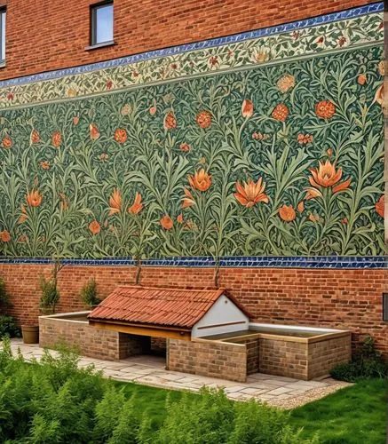 a building with a wall decorated with orange flowers and green leaves,wall painting,painted block wall,murals,flower bed,the garden society of gothenburg,floral decorations,Photography,General,Realist