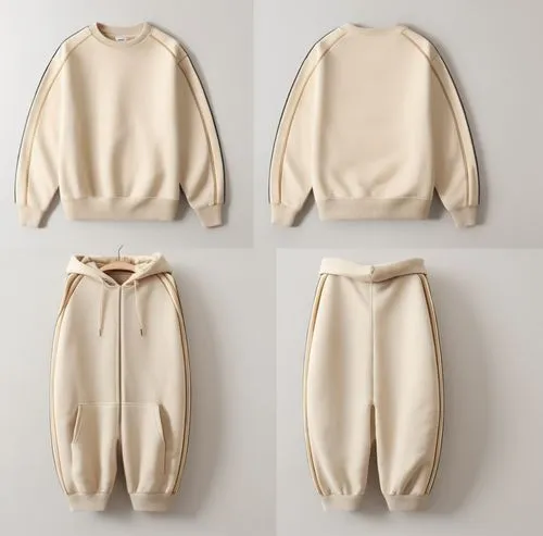 卫衣服装，正面和背面，颜色为米色，卫衣面料,白色背景,four pographs of a hooded sweat suit,sweatsuit,hoodie,beige,sweatshirt,pullovers,fleece,Photography,General,Natural