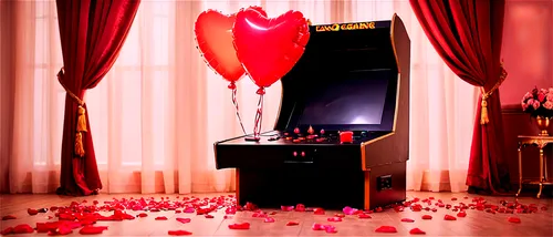 Valentine's Day, romantic atmosphere, soft pink and red colors, heart-shaped balloons, scattered rose petals, candlelight, luxurious velvet curtains, ornate golden frame, 3/4 composition, shallow dept