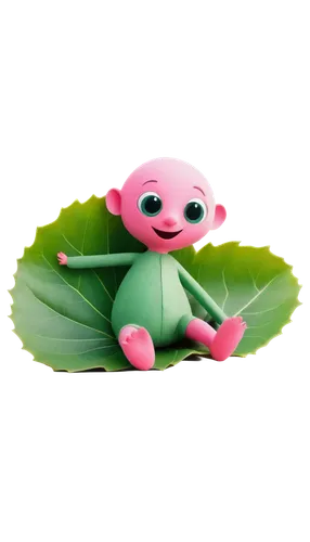 Rounded doodle, pink and green colors, soft texture, cute facial expression, big shining eyes, tiny nose, smiling mouth, tiny arms and legs, playful pose, sitting on a leaf, morning sunlight, 3/4 comp