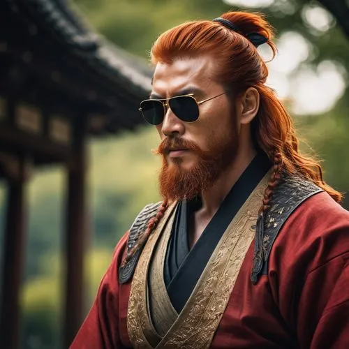 Beautiful and elegant red-haired Samurai, standing full-length, beard and long hair, and sunglasses. Cinematic, full HD, ultra realistic, vivid colors, photographic, emotional, highly detailed, 8K hig