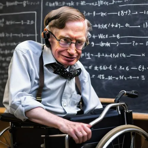 Professor Stephen Hawking, wheelchair, iconic facial expression, glasses, messy brown hair, white shirt, black pants, suspenders, shiny metal wheels, small-sized people (midgets) around, science labor