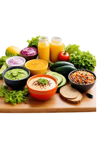 Fresh vegetables, colorful fruits, whole grain bread, lean proteins, nutritious dairy products, steaming hot soup, vibrant salad, wooden cutting board, natural lighting, shallow depth of field, warm c