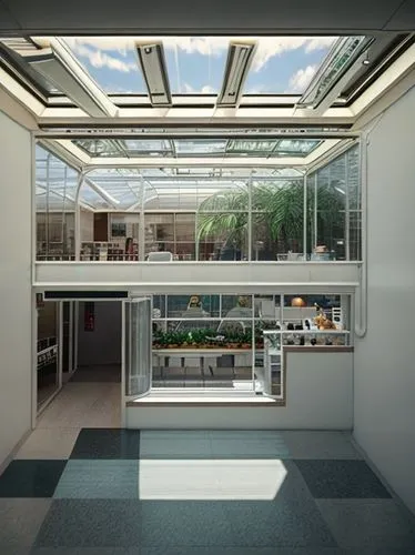 Interior of a cafeteria, white walls and ceiling, glass-fronted counter, with glass greenhouse on the right side, realistic image, cinema image, ceiling with bright lights,modern kitchen interior,mode