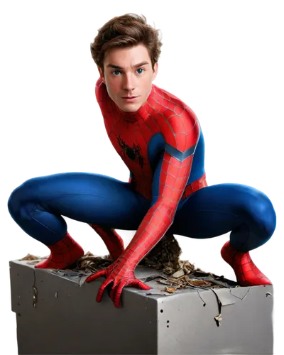 Spider-Man, facial close-up, Peter Parker's face, mask removed, bright blue eyes, messy brown hair, subtle smile, slight freckles, natural lighting, soft focus, shallow depth of field, cinematic compo