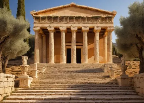 Ancient Greek temple, columns, ornate carvings, marble material, intricate frieze, pediment, statues of gods, amphitheater seating, staircase, arches, dome, grand entrance, symmetrical composition, wa