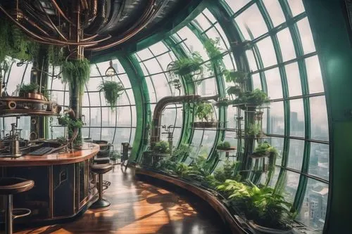 Modern, futuristic, curved architecture, vibrant green walls, living plants, wooden accents, floor-to-ceiling windows, natural light, reflections on glass surfaces, sleek lines, minimalist decor, urba