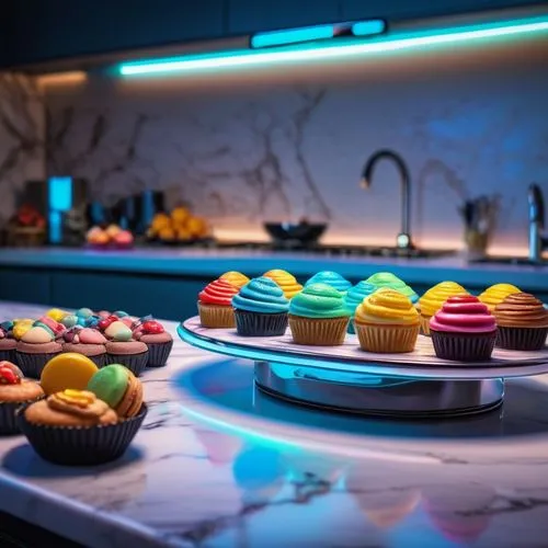 Dessert generator, futuristic machine, metallic body, glowing blue lines, circular interface, holographic display, sweet treats emerging from the top, colorful candies, cupcakes, macarons, fruits, cre