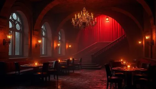 Dark, mysterious ambiance, gothic style restaurant, dim red lighting, chandelier with candles, lanterns hanging from ceiling, stone walls, arched windows, wooden tables, velvet drapes, intricate carvi