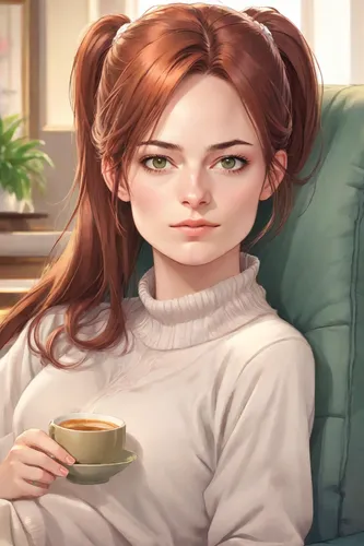 dreamy expression, natural proportions, long shoulderlong auburn hair, stylish ponytail, dark-emerald-eyes, beige pastel colour loungewear, long pants, white socks, dainty delicate graceful tender, me