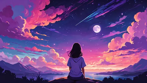 night sky,falling stars,the night sky,nightsky,sky,stargazing,meteor,earth rise,space art,universe,star sky,skies,cosmos,dusk background,galaxy,falling star,astral traveler,astronomer,starlight,moon and star background,Illustration,Japanese style,Japanese Style 06