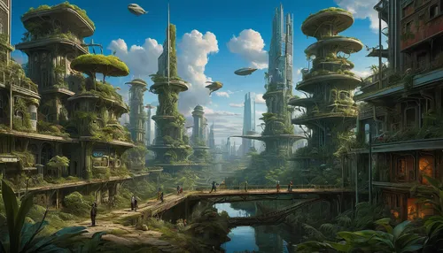 futuristic landscape,fantasy city,fantasy landscape,ancient city,mushroom landscape,fantasy world,alien world,alien planet,terraforming,fantasy art,utopian,fantasy picture,artificial island,3d fantasy,fractal environment,post-apocalyptic landscape,skyscraper town,sci fiction illustration,airships,floating islands,Illustration,Realistic Fantasy,Realistic Fantasy 22