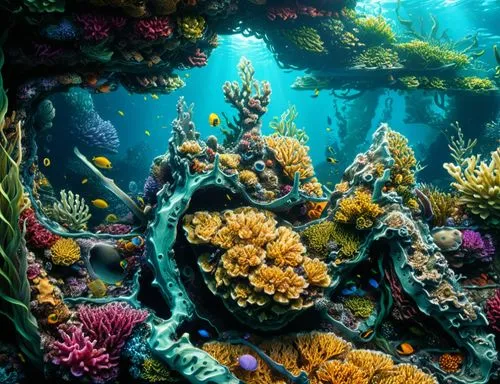 the underwater scene shows a variety of corals,coral reef,underwater landscape,coral reefs,reef tank,underwater background,ocean underwater,Illustration,Realistic Fantasy,Realistic Fantasy 25