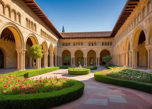 Stanford University campus, California, USA, architectural landmark, Romanesque Revival style, sandstone walls, red-tiled roofs, sprawling green lawns, palm trees lining the walkways, sunny afternoon,