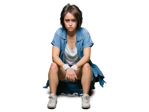 distressed woman, trauma victim, solo, (25yo), pale skin, dark circles under eyes, messy brown hair, worn-out expression, tears in eyes, bandages on arms, ripped clothes, dirty sneakers, sitting on fl