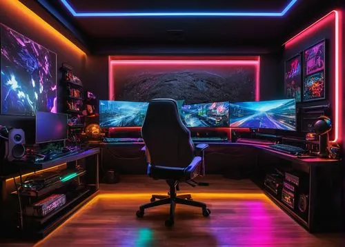 game room,computer room,desk,creative office,spaceship interior,great room,working space,monitor wall,computer workstation,aesthetic,study room,modern office,office desk,work space,playing room,neon,ufo interior,batcave,neon coffee,playroom,Art,Artistic Painting,Artistic Painting 22