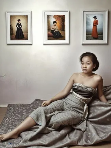 a woman who has made herself comfortable on a soft sofa in front of pictures.,a woman is sitting on top of a bed and posing,woman on bed,woman sitting,kartini,adichie,filipiniana,art photography