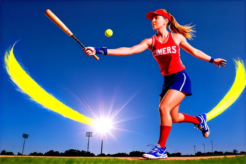 Softball player, young woman, athletic wear, ponytail hair, sweatbands on wrist, softball bat, glove on left hand, dynamic pose, jumping in air, stadium background removed, bright sunlight, shallow de