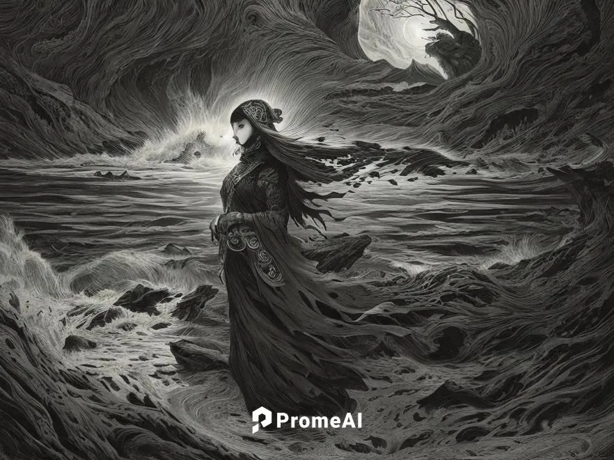 the girl in black is walking on a rock by a body of water,samuil,oscura,prospal,jianfeng,prospero,prospera,Art sketch,Art sketch,Fantasy