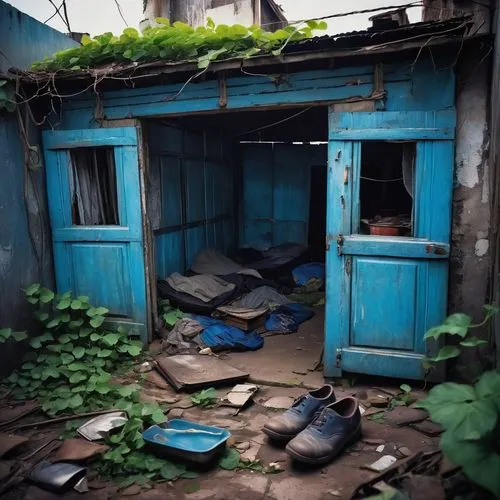 Rundown, crumbling, worn-out shanty, makeshift housing, corrugated iron roof, rusty gate, broken windows, faded blue walls, overgrown with vines, dirt floor, dimly lit interior, poverty-stricken neigh