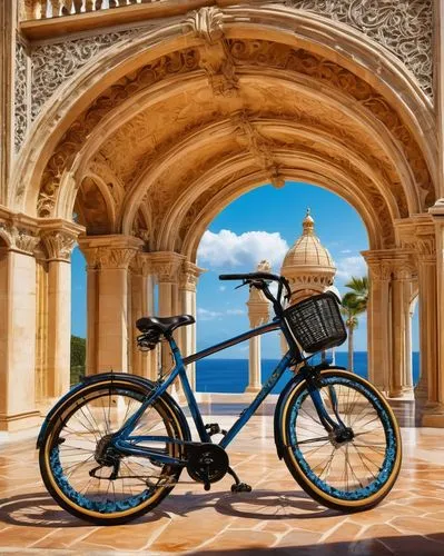 bicycle, ornate wheels, detailed gears, shining metal frame, vibrant color, intricate design, Baroque-inspired, grand fountain, surrounding archways, pillars, luxurious villa, Mediterranean seaside, s