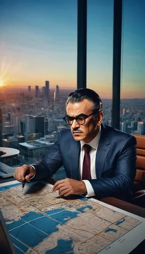 Modern skyscraper, urban cityscape, blueprints, architectural model, conference room, mature businessman, suit, tie, glasses, serious expression, pointing gesture, wooden desk, leather chair, city map