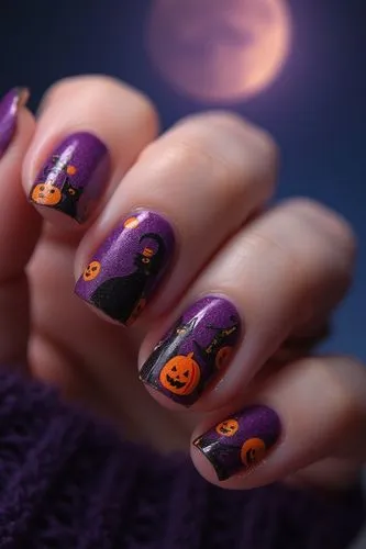 Nils Design, hallowen nails,
A close-up photo of a hand’s nails with Halloween-themed nail art, featuring black cats, orange pumpkins, and purple witches, against a backdrop of a spooky full moon nigh