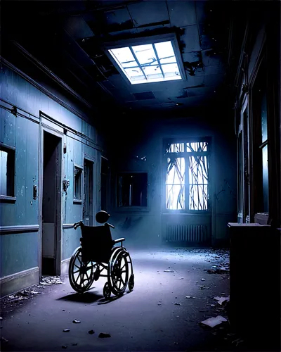 Spooky Halloween scene, dark atmosphere, abandoned asylum, broken windows, creepy doorways, dimly lit corridors, old wheelchairs, torn curtains, eerie sounds, 3/4 composition, low-key lighting, cinema