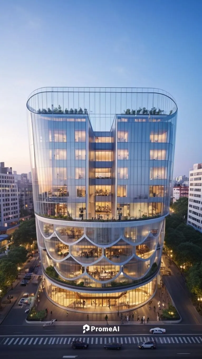 A magnificent building towering above the bustling streets of an urban neighborhood. This architectural marvel features sleek, modern lines and a facade adorned with expansive glass panels that reflec