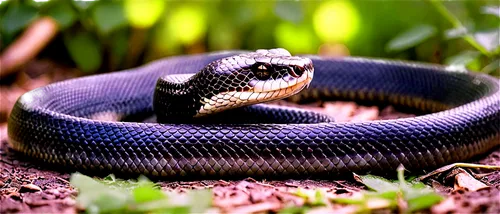 Rat snake, brown scales, slender body, forked tongue, beady eyes, coiled posture, morning dew, soft natural light, shallow depth of field, warm color tone, cinematic composition, 3/4 view, close-up fa