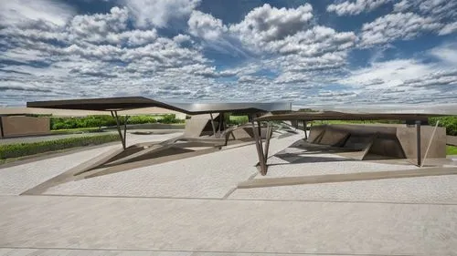 bus shelters,school design,3d rendering,rest area,cube stilt houses,k13 submarine memorial park,folding roof,sculpture park,amphitheater,visitor center,archidaily,outdoor structure,futuristic architecture,equestrian center,underground car park,futuristic art museum,roof terrace,pergola,garden buildings,outdoor bench,Landscape,Garden,Garden Design,Modern Industrial