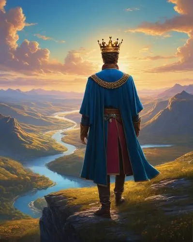 Plain, large full-flowing river from left to right. A man, modestly dressed, standing on a high hill. looking into the blue sky, smiling Bright colors , epic royal background, big royal uncropped crow