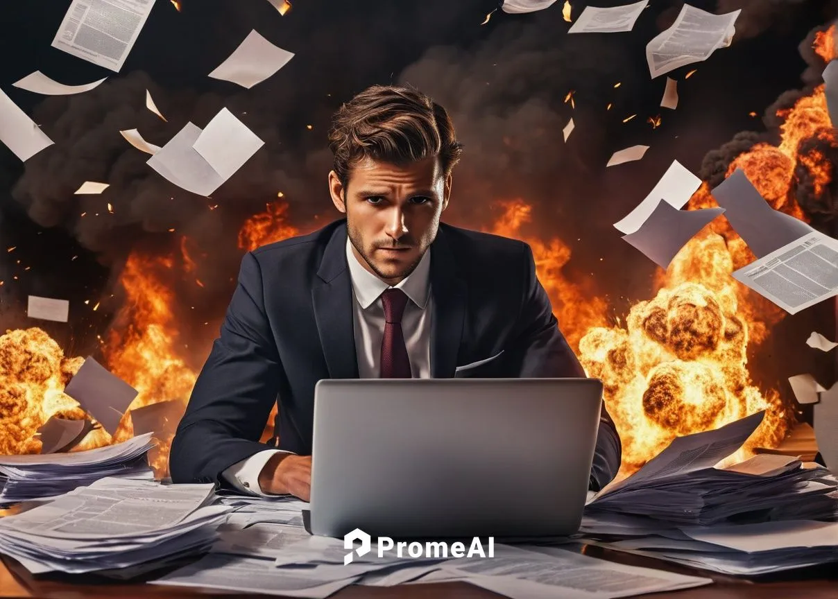 A man wearing a suit is sitting in front of a laptop with many papers and an exploding fire behind him,content writers,expenses management,karoshi,blur office background,bureaucratism,workloads,worklo