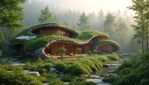 earthship,house in the forest,ecotopia,grass roof,log home,treehouses,forest house,futuristic architecture,ecovillages,tree house hotel,cubic house,greenhut,mushroom landscape,moss landscape,house in the mountains,futuristic landscape,house in mountains,dreamhouse,timber house,beautiful home,Photography,General,Realistic