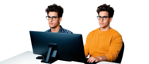 Video editor, young adult, male, messy hair, black glasses, casual wear, sitting, relaxed posture, hands on keyboard, eyes on monitor, HD screen, colorful UI, modern minimalist desk, ergonomic chair, 