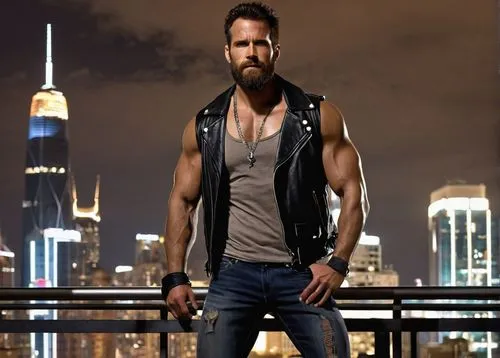 Muscular man, Glester Hardun Kichud, solo, (35yo), rugged beard, messy brown hair, intense gaze, leather jacket, black tank top, ripped jeans, heavy boots, silver necklace, confident stance, standing,