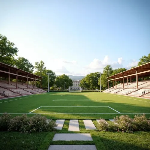 Minimalist sports fields, lush green grass, subtle earthy tones, weathered wood bleachers, sleek metal goalposts, clean white lines, natural stone pathways, sparse trees, clear blue skies, warm sunny 