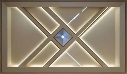 Gypsum decoration in the ceiling of a room with hidden LED lighting,this is an interior picture of a modern art work,velux,wall light,ceiling light,art deco frame,decorative frame,gold stucco frame,Ph