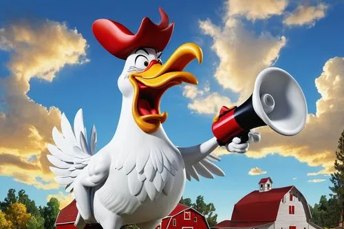 Foghorn Leghorn figure, cartoon character, muscular man, large body, loud mouth, white hair, bushy eyebrows, red nose, yellow beak, black boots, cowboy hat, holding a megaphone, standing proudly, farm