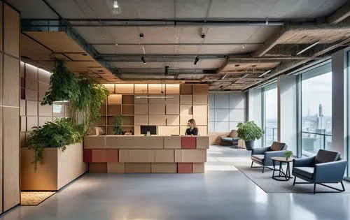 office, lobby, reception desk made of cardboard, eco japan light style, craft paper, geometry,large conference space with many couches and plants,modern office,bureaux,creative office,offices,associat