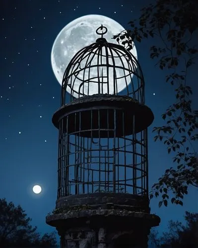 lookout tower,bird cage,illuminated lantern,watertower,nocturnal bird,watchtower,birds of prey-night,watchtowers,fire tower,owl background,birdcage,watch tower,cupola,night bird,water tower,gillmor,moon and star background,observation tower,vintage lantern,astronomico,Illustration,Abstract Fantasy,Abstract Fantasy 21