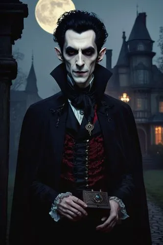 Nosferatu, vampire, male, evil smile, sharp fangs, pale skin, dark eyeliner, messy black hair, red eyes, Victorian-era aristocrat clothing, cape, ornate buttons, velvet fabric, mysterious atmosphere, 