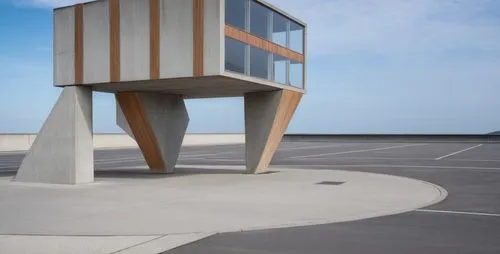 the modern building has two floors and is in a parking lot,cubic house,cube stilt houses,cube house,dunes house,cantilevered,snohetta,Photography,General,Realistic