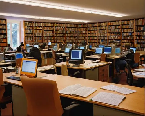 University library, bookshelves, rows of computers, studious atmosphere, Shiva's "Computer Organization Design and Architecture" 4th edition book, opened on a desk, highlighter and notes scattered aro