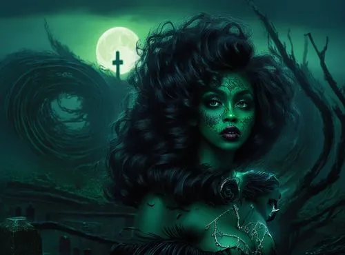 nude Beautiful nigerian girl, full dark curly hair, big green almond eyes, full black lips, misty sky,a woman in a black dress standing in front of an evil background,enchantress,siren,bruja,leota,llo