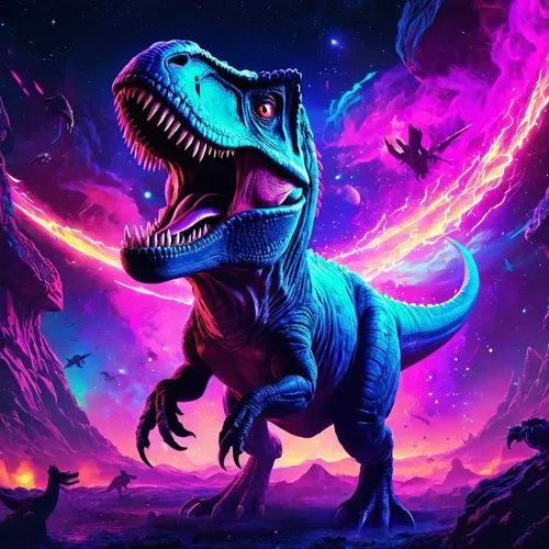 Un T-Rex rugiendo  en un espacio cósmico de luz neón,a t - rex standing in front of colorful lights,dino,dinosaruio,tyrannosaurus rex,ladinos,dinosaur,dinosaurian,Conceptual Art,Fantasy,Fantasy 02